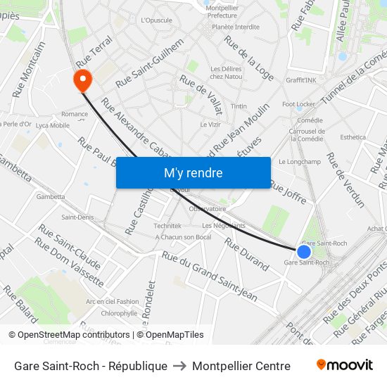 Gare Saint-Roch - République to Montpellier Centre map