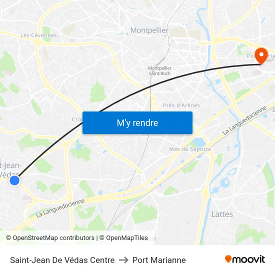 Saint-Jean De Védas Centre to Port Marianne map