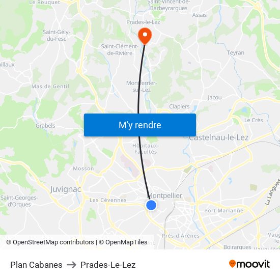 Plan Cabanes to Prades-Le-Lez map