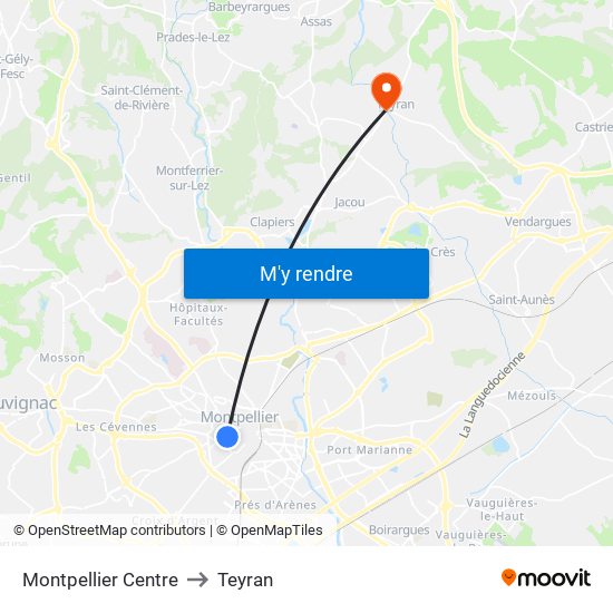 Montpellier Centre to Teyran map