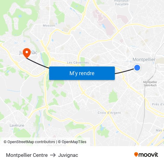 Montpellier Centre to Juvignac map