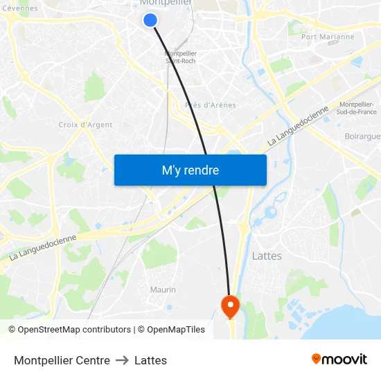 Montpellier Centre to Lattes map