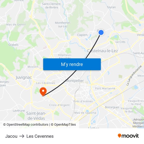 Jacou to Les Cevennes map