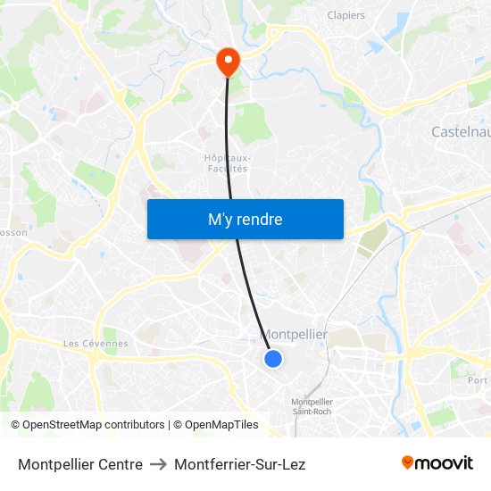 Montpellier Centre to Montferrier-Sur-Lez map