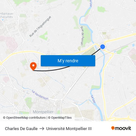 Charles De Gaulle to Université Montpellier III map