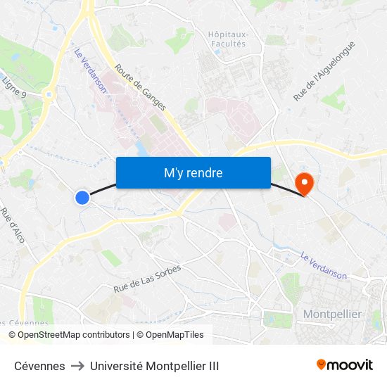 Cévennes to Université Montpellier III map