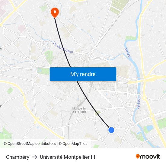Chambéry to Université Montpellier III map