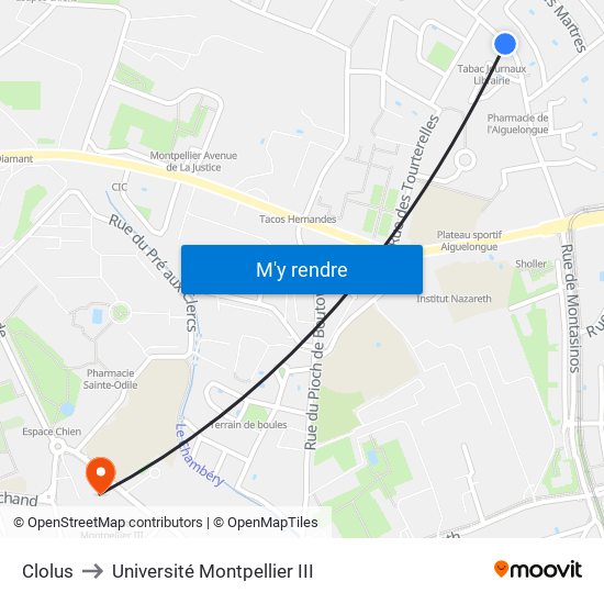 Clolus to Université Montpellier III map