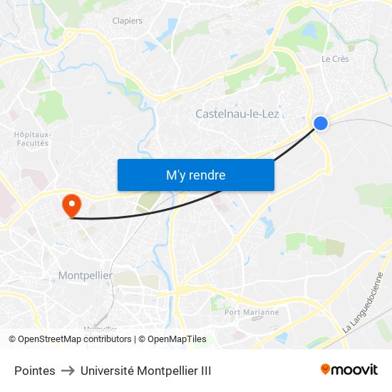 Pointes to Université Montpellier III map