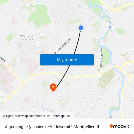 Aiguelongue (Jussieu) to Université Montpellier III map