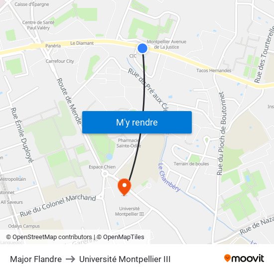 Major Flandre to Université Montpellier III map