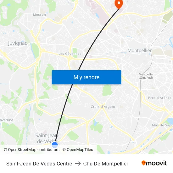 Saint-Jean De Védas Centre to Chu De Montpellier map