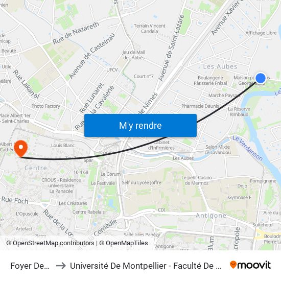 Foyer Des Aubes to Université De Montpellier - Faculté De Droit Et Science Politique map