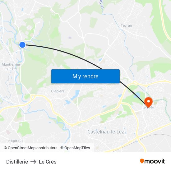 Distillerie to Le Crès map