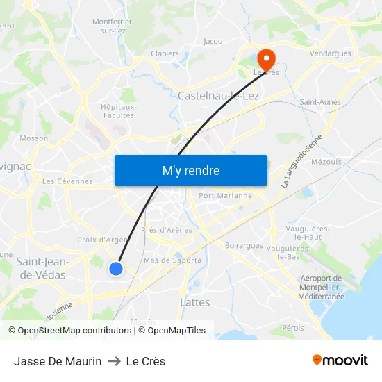 Jasse De Maurin to Le Crès map