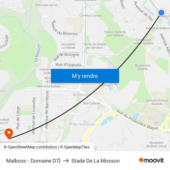 Malbosc - Domaine D'Ô to Stade De La Mosson map