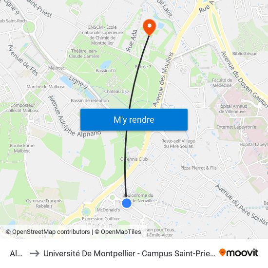 Alco to Université De Montpellier - Campus Saint-Priest map