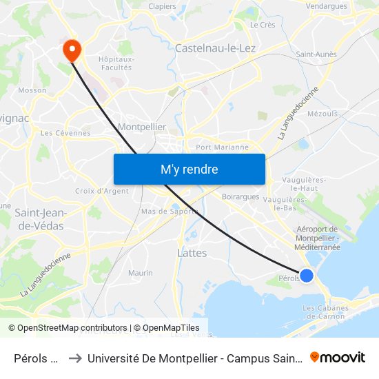 Pérols Sud to Université De Montpellier - Campus Saint-Priest map
