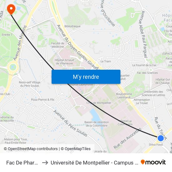 Fac De Pharmacie to Université De Montpellier - Campus Saint-Priest map