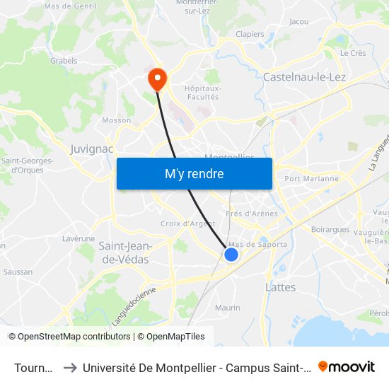 Tournezy to Université De Montpellier - Campus Saint-Priest map