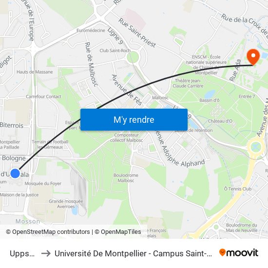 Uppsala to Université De Montpellier - Campus Saint-Priest map