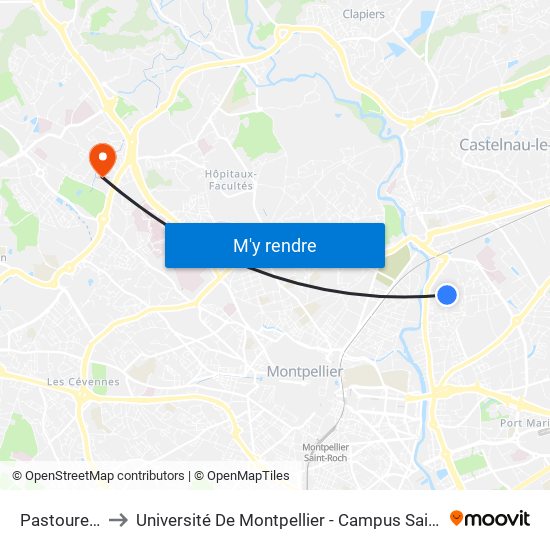 Pastourelles to Université De Montpellier - Campus Saint-Priest map