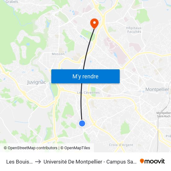 Les Bouisses to Université De Montpellier - Campus Saint-Priest map
