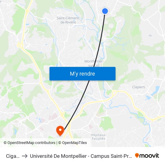 Cigale to Université De Montpellier - Campus Saint-Priest map