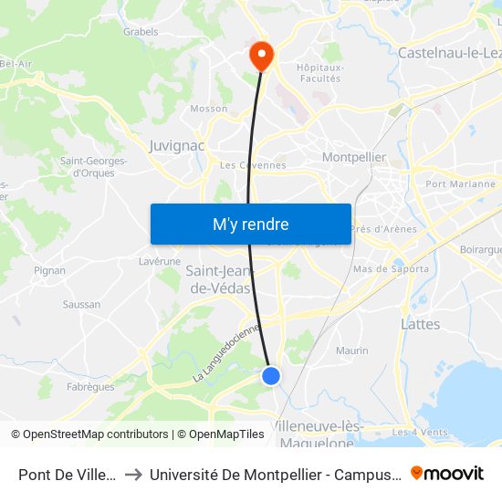 Pont De Villeneuve to Université De Montpellier - Campus Saint-Priest map