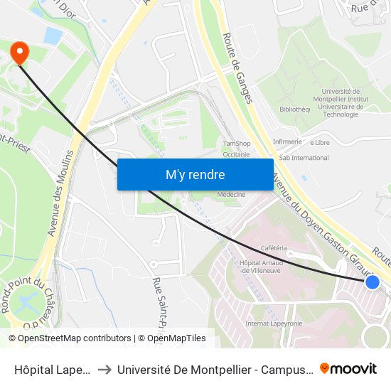 Hôpital Lapeyronie to Université De Montpellier - Campus Saint-Priest map