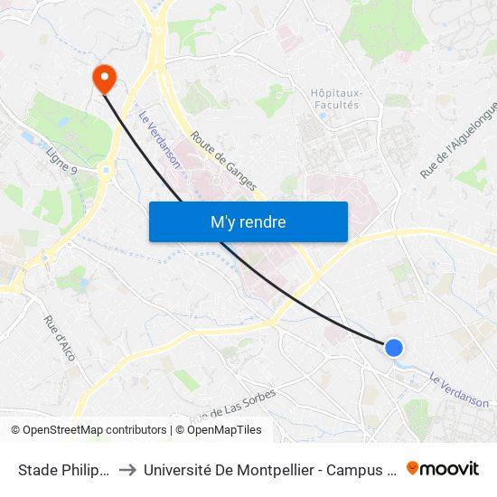 Stade Philippidès to Université De Montpellier - Campus Saint-Priest map