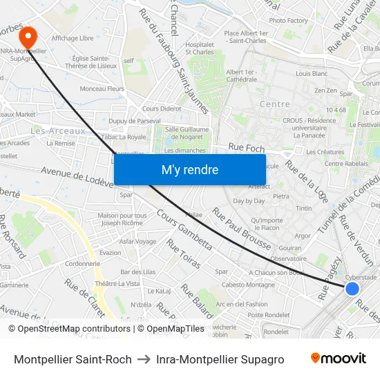 Montpellier Saint-Roch to Inra-Montpellier Supagro map