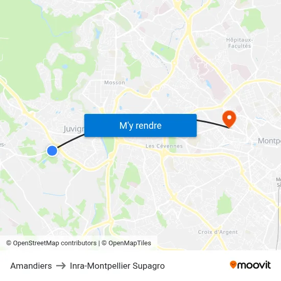 Amandiers to Inra-Montpellier Supagro map
