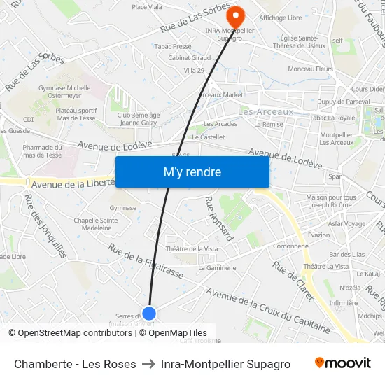 Chamberte - Les Roses to Inra-Montpellier Supagro map