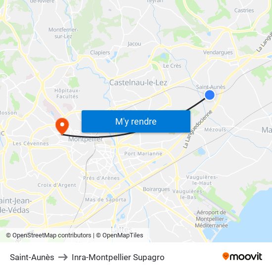 Saint-Aunès to Inra-Montpellier Supagro map