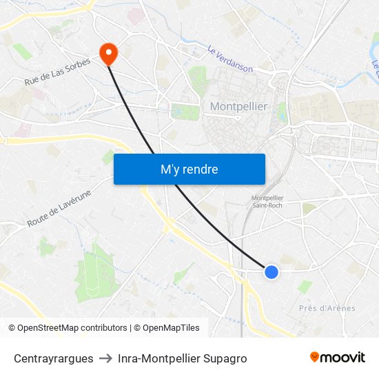 Centrayrargues to Inra-Montpellier Supagro map