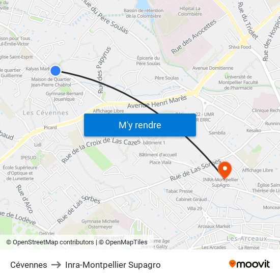 Cévennes to Inra-Montpellier Supagro map