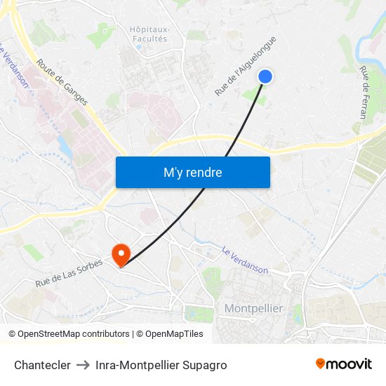 Chantecler to Inra-Montpellier Supagro map