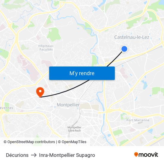 Décurions to Inra-Montpellier Supagro map