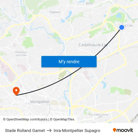 Stade Rolland Gamet to Inra-Montpellier Supagro map