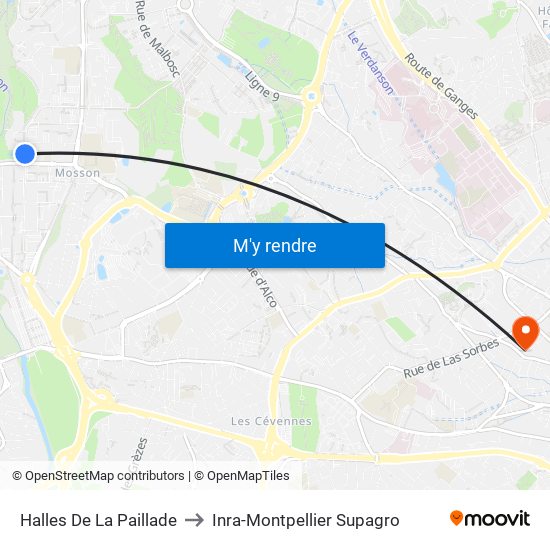 Halles De La Paillade to Inra-Montpellier Supagro map
