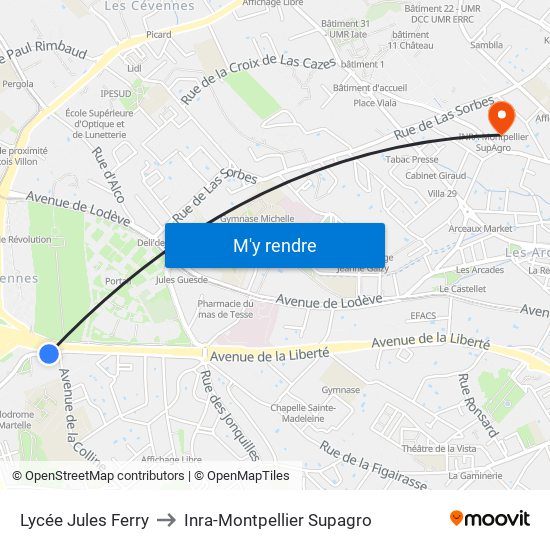 Lycée Jules Ferry to Inra-Montpellier Supagro map