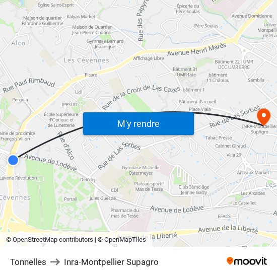 Tonnelles to Inra-Montpellier Supagro map