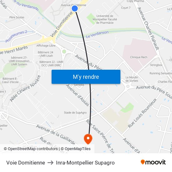 Voie Domitienne to Inra-Montpellier Supagro map