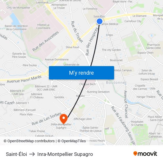 Saint-Éloi to Inra-Montpellier Supagro map