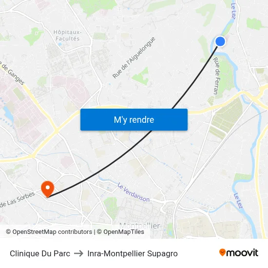 Clinique Du Parc to Inra-Montpellier Supagro map