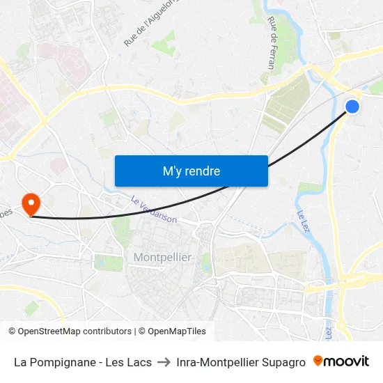 La Pompignane - Les Lacs to Inra-Montpellier Supagro map