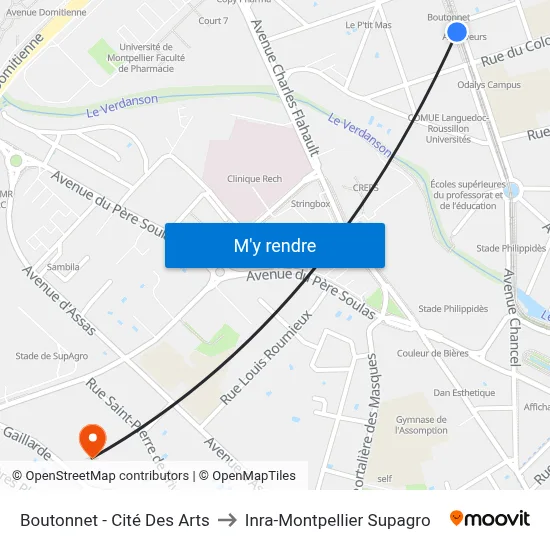 Boutonnet - Cité Des Arts to Inra-Montpellier Supagro map