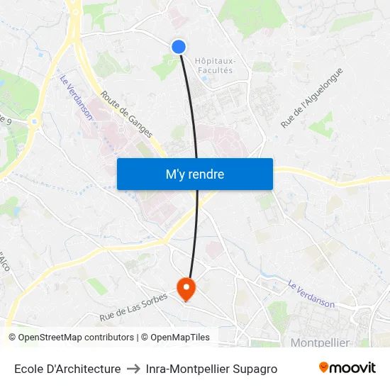 Ecole D'Architecture to Inra-Montpellier Supagro map