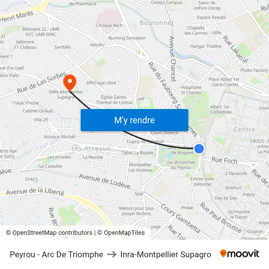 Peyrou - Arc De Triomphe to Inra-Montpellier Supagro map